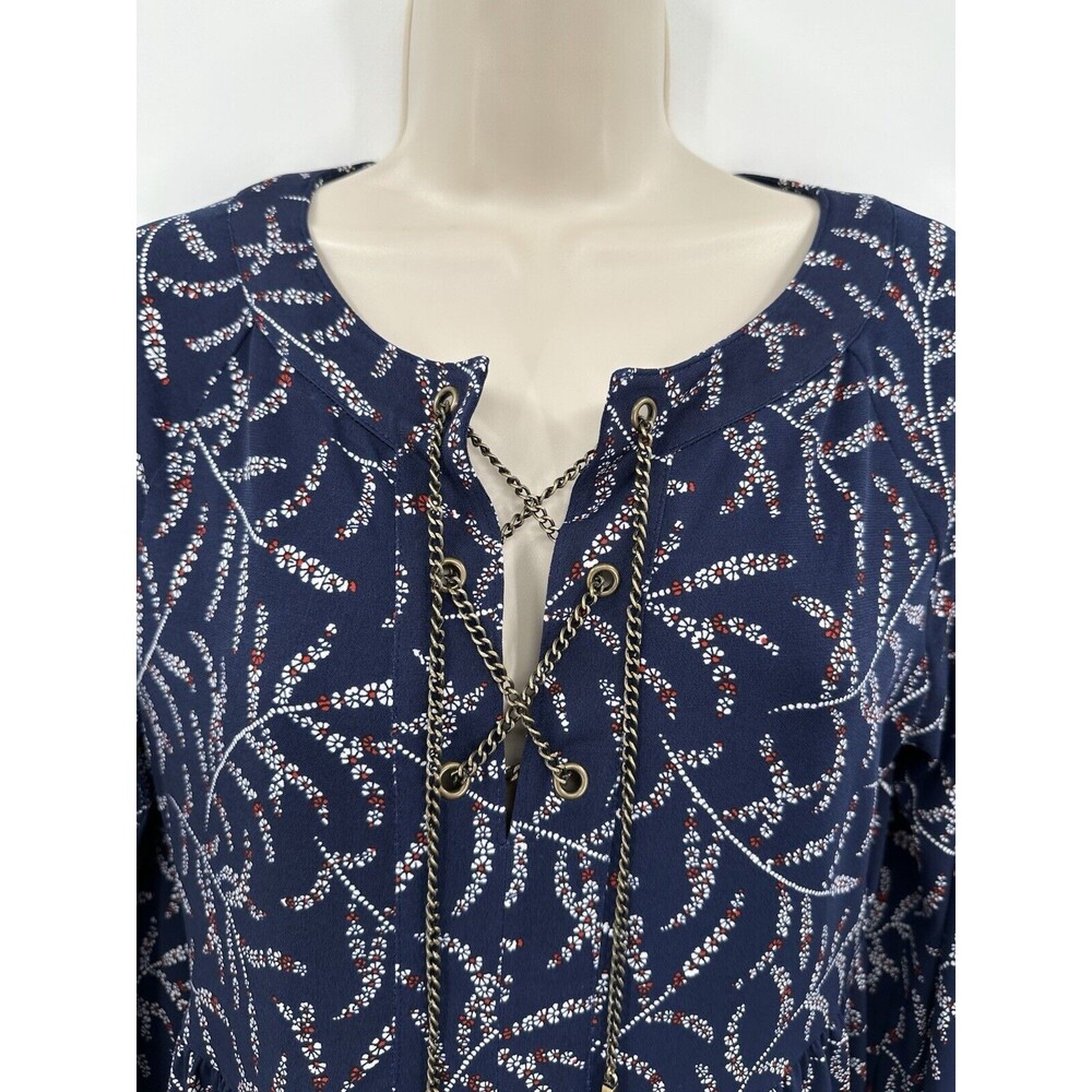 Michael Kors Peasant Blouse Small Navy Blue Floral Gold Chain Long Sleeve - Picture 2 of 9